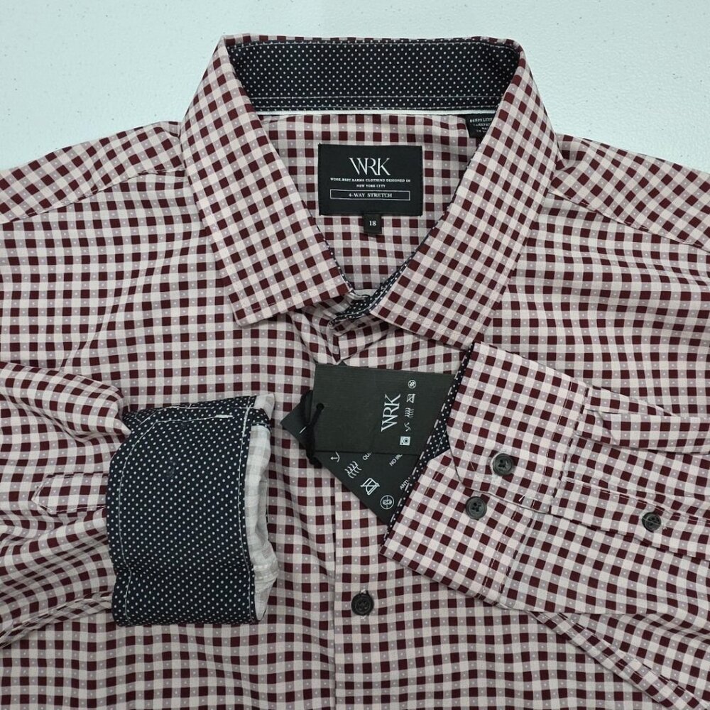 WRK Gingham Plaid 4-Way Stretch Performance Dress Shirt Mens 18 Burgundy NWT $98